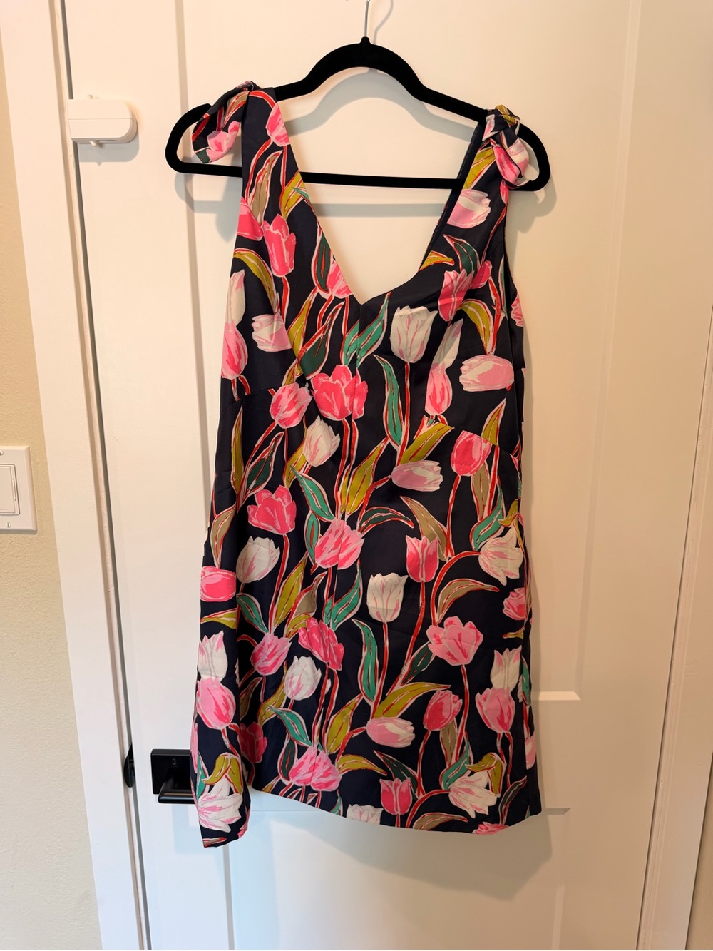 Donna Morgan Navy Floral Tie-Shoulder Dress with Pink Print - Picture 1 of 3